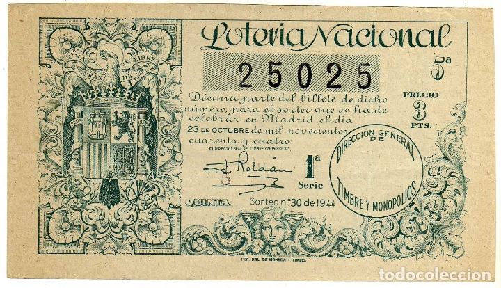 Loter&iacute;a Nacional: PRECIOSO DECIMO LOTERIA NACIONAL - MADRID 23 DE OCTUBRE DE 1944 - SORTEO 30