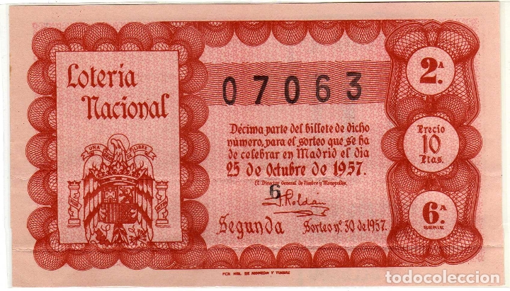 Lotteria Nationale Spagnola: DECIMO LOTERIA NACIONAL - MADRID 25 DE OCTUBRE DE 1957 - SORTEO 30