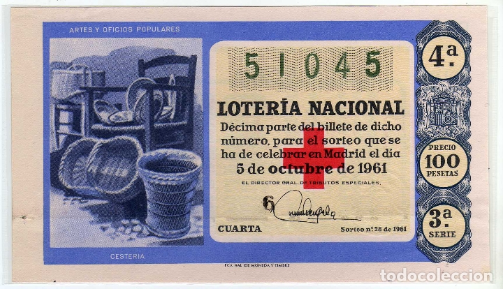 Nationale spanische Lotterie: PRECIOSO DECIMO LOTERIA NACIONAL - MADRID 5 DE OCTUBRE DE 1961 - SORTEO 28 - CRUZ ROJA