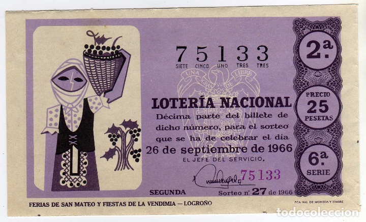Loter&iacute;a Nacional: LOTERIA NACIONAL 26 SEPTIEMBRE 1966, SORTEO 27, FERIA DE SAN MATEO Y FIESTA DE LA VENDIMIA - LOGRO&Ntilde;O
