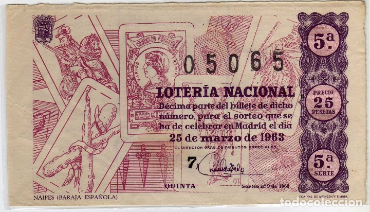 Nationale spanische Lotterie: DECIMO LOTERIA NACIONAL - MADRID 25 DE MARZO DE 1963 - SORTEO 9 - NAIPES (BARAJA ESPA&Ntilde;OLA)