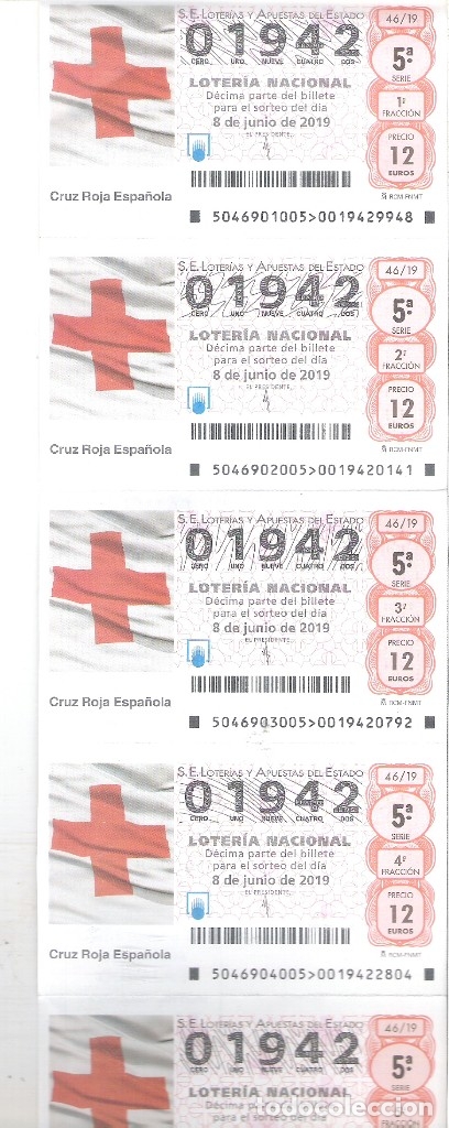 Nationale spanische Lotterie: 5 DECIMOS LOTERIA NACIONAL SABADO - 8 JULIO 2019 - ( 46/19 ) - CRUZ ROJA ESPA&Ntilde;OLA