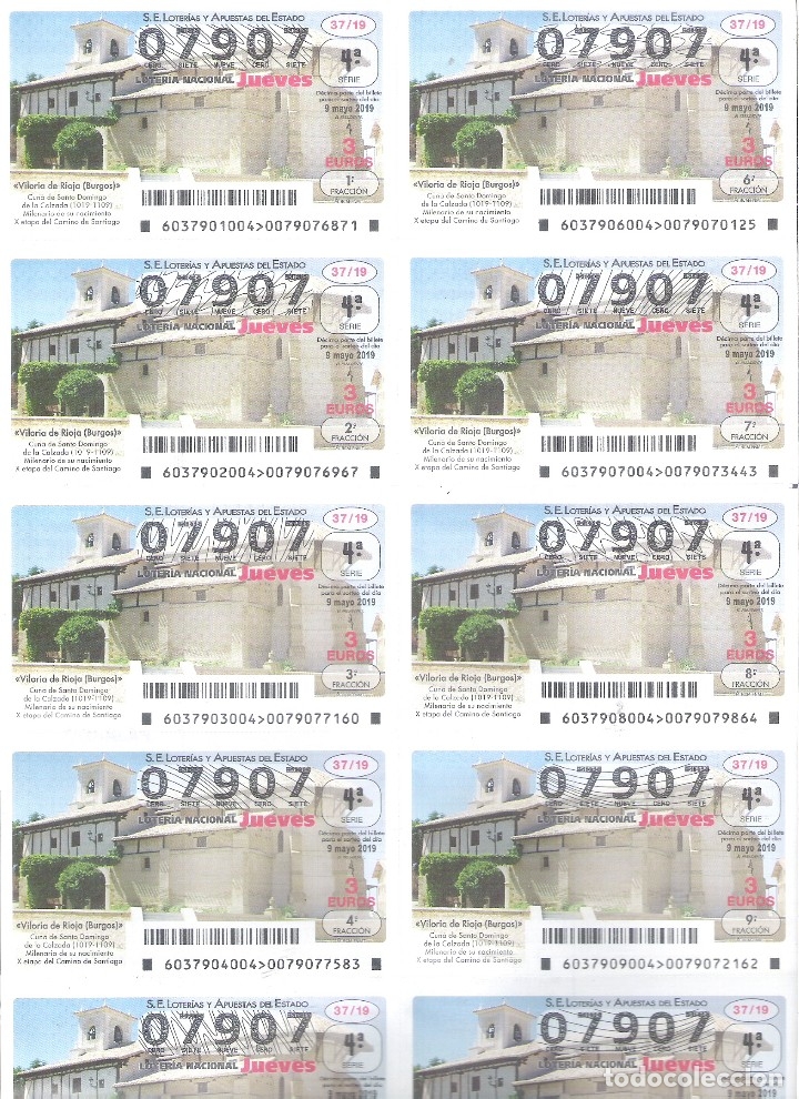 Nationale spanische Lotterie: 1 BILLETE LOTERIA NACIONAL JUEVES - 9 MAYO 2019 - 37/19 - VILORIA DE RIOJA ( BURGOS )