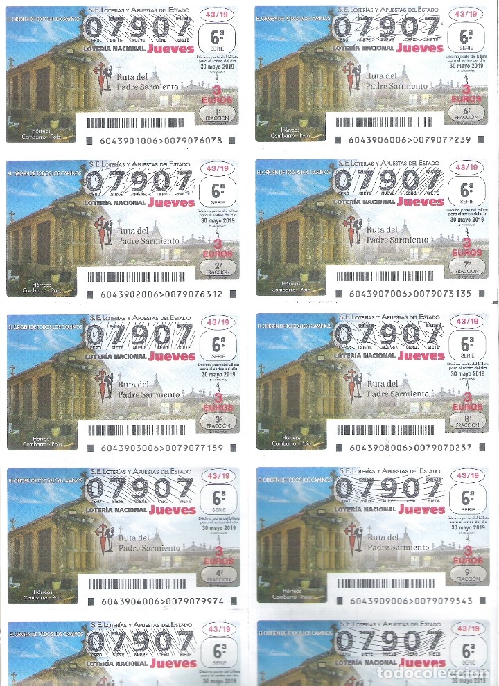 Nationale spanische Lotterie: 1 BILLETE LOTERIA JUEVES - 30 MAYO 2019 - 43/19 - POIO ( PONTEVEDRA ) - HORREOS COMBARRO