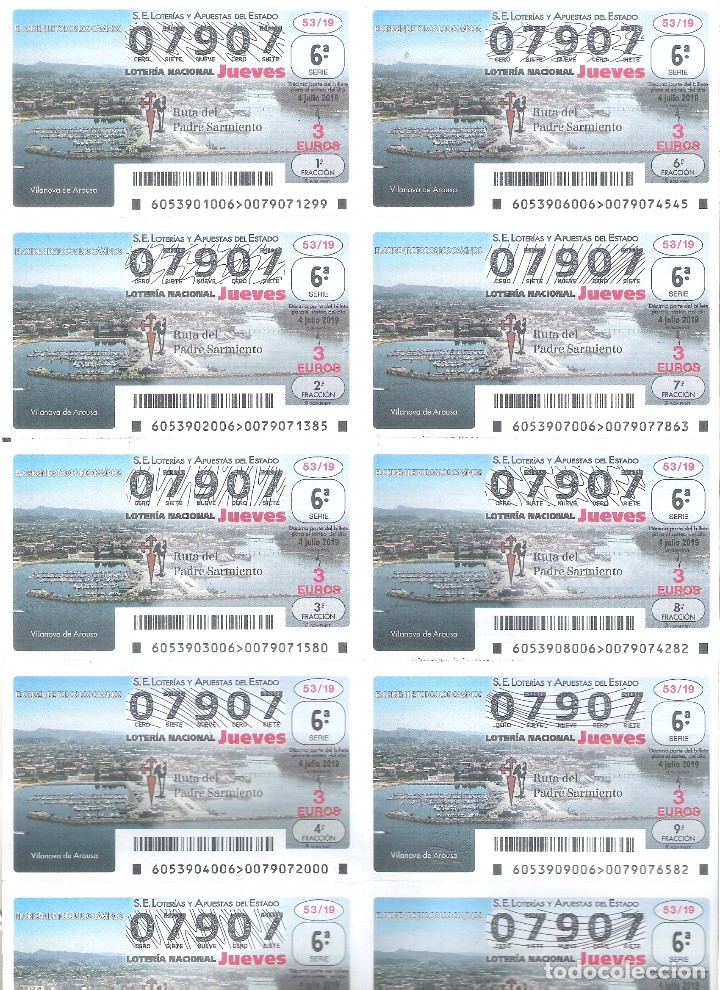 Nationale spanische Lotterie: 1 BILLETE LOTERIA JUEVES - 4 JULIO 2019 - 53/19 - VILANOVA DE AROUSA ( PONTEVEDRA )- CAMINO SANTIAGO