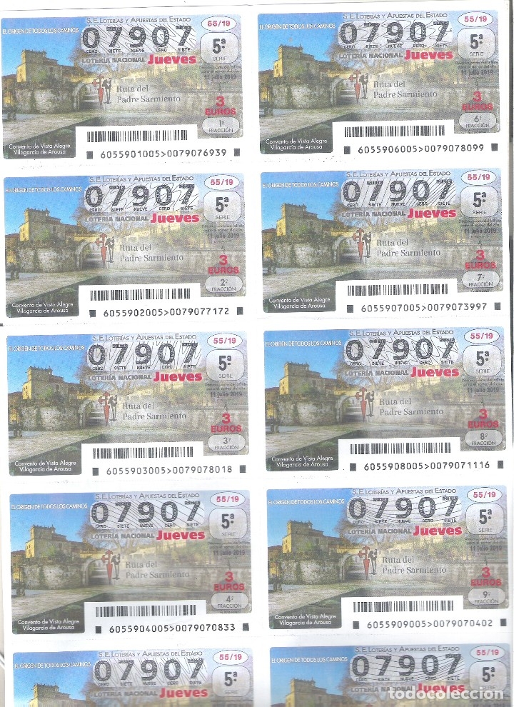 Nationale spanische Lotterie: 1 BILLETE LOTERIA JUEVES 11 JULIO 2019 55/19 C VISTA ALEGRE - VILAGARCIA DE AROUSA - CAMINO SANTIAGO