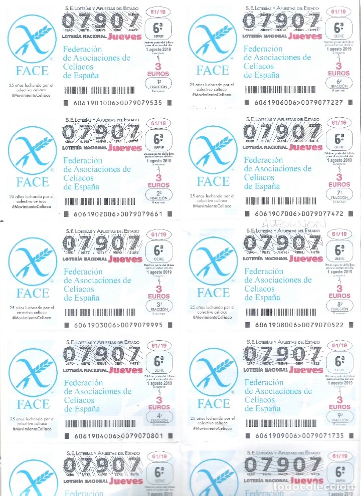 Nationale spanische Lotterie: 1 BILLETE LOTERIA JUEVES 1 AGOSTO 2019 - 61/19 - FEDERACION DE CELIACOS DE ESPA&Ntilde;A