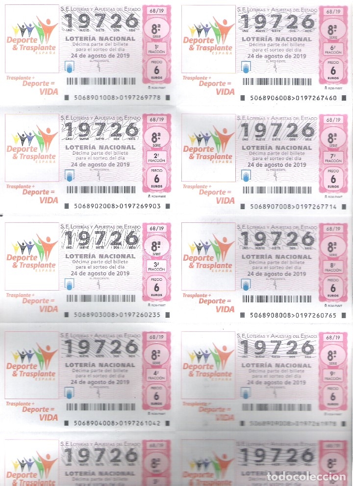 Nationale spanische Lotterie: 1 BILLETE LOTERIA SABADO 24 AGOSTO 2019 - 68/19 DEPORTE + TRASPLANTE - VIDA