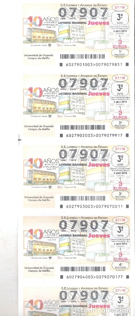 Nationale spanische Lotterie: 5 DECIMOS LOTERIA SABADO 31 AGOSTO 2019 70/19 - BILBAO (ESCUELA DE COMERCIO EDIF DE LA CALLE ELCANO