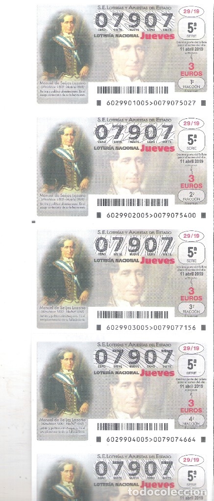 Nationale spanische Lotterie: 5 DECIMOS LOTERIA JUEVES - 11 ABRIL 2019 - 29/19 -MANUEL SEIJAS LOZANO ( POLITICO ALMU&Ntilde;EQUERO