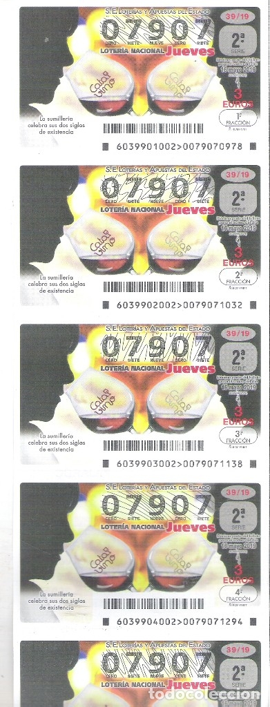 Nationale spanische Lotterie: 5 DECIMOS LOTERIA NACIONAL JUEVES - 16 MAYO 2019 - 39/19 LA SUMILLERIA CATADORES DE VINOS