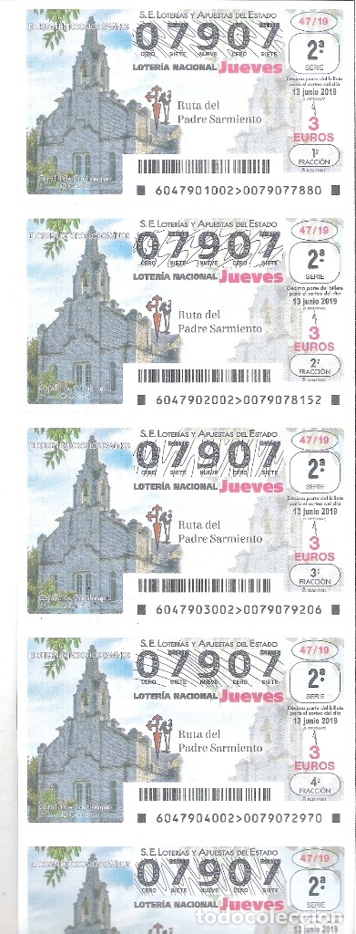 Nationale spanische Lotterie: 5 DECIMOS LOTERIA NACIONAL JUEVES  13 JUNIO 2019 47/19 CAMINO SANTIAGO O GROVE CAPILLA DE CARALAMPIO