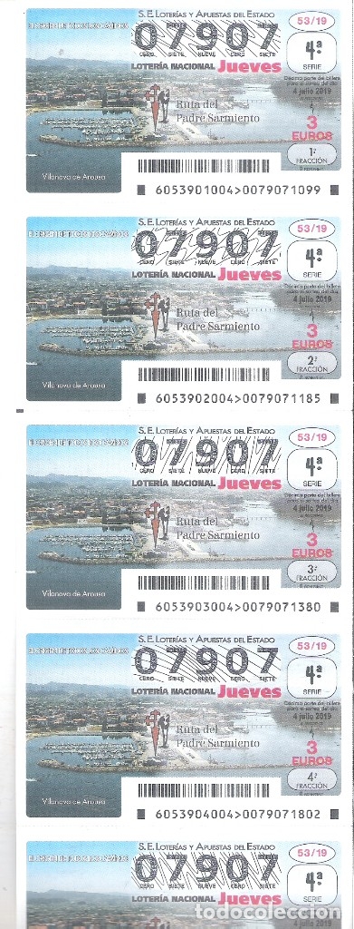 Nationale spanische Lotterie: 5 DECIMOS LOTERIA JUEVES - 4 JULIO 2019 - 53/19 - VILANOVA DE AROUSA ( PONTEVEDRA )- CAMINO SANTIAGO