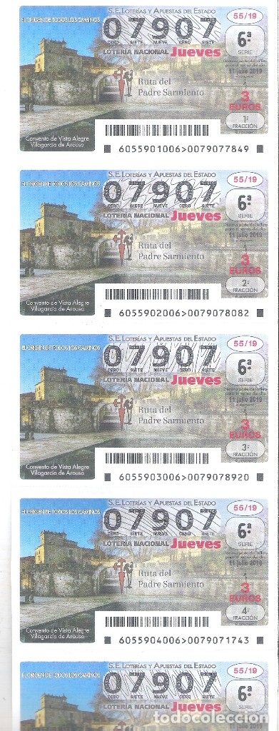 Nationale spanische Lotterie: 5 DECIMOS LOTERIA JUEVES 11 JULIO 2019 55/19 C VISTA ALEGRE - VILAGARCIA DE AROUSA - CAMINO SANTIAGO