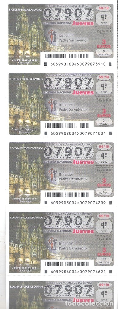 Nationale spanische Lotterie: 5 DECIMOS LOTERIA JUEVES 25 JULIO 2019 - 59/19 - CATEDRAL SANTIAGO COMPOSTELA - EL CAMINO
