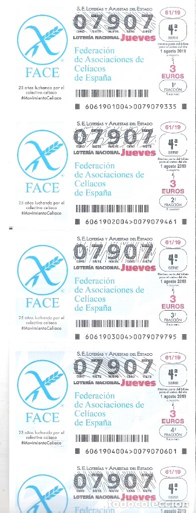 Nationale spanische Lotterie: 5 DECIMOS LOTERIA JUEVES 1 AGOSTO 2019 - 61/19 - FEDERACION DE CELIACOS DE ESPA&Ntilde;A