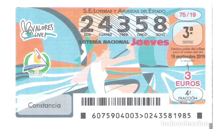 Nationale spanische Lotterie: 1 DECIMO LOTERIA JUEVES 19 SEPTIEMBRE 2019 - 75/19 - PIRAGUISMO - VALORES - CONSTANCIA