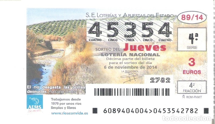 Nationale spanische Lotterie: 1 DECIMO LOTERIA DEL JUEVES 6 NOVIEMBRE 2014 - 89/14 - CAPICUA - RIO DE PORCUNA ( JAEN )