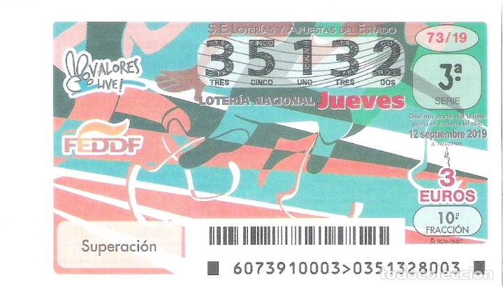 Nationale spanische Lotterie: 1 DECIMO LOTERIA JUEVES 12 SEPTIEMBRE 2019 - 73/19 - VALORES DEPORTE - SUPERACION