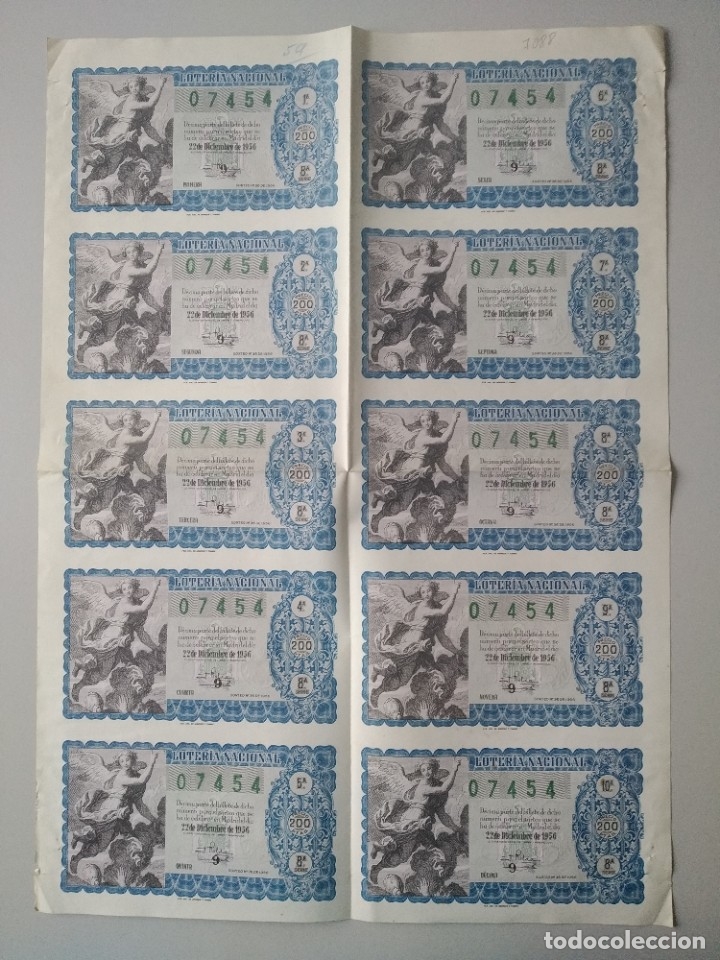 Nationale spanische Lotterie: Hoja con 10 decimos de loteria 22 de diciembre 1956 sorteo 36 N&ordm; 07454