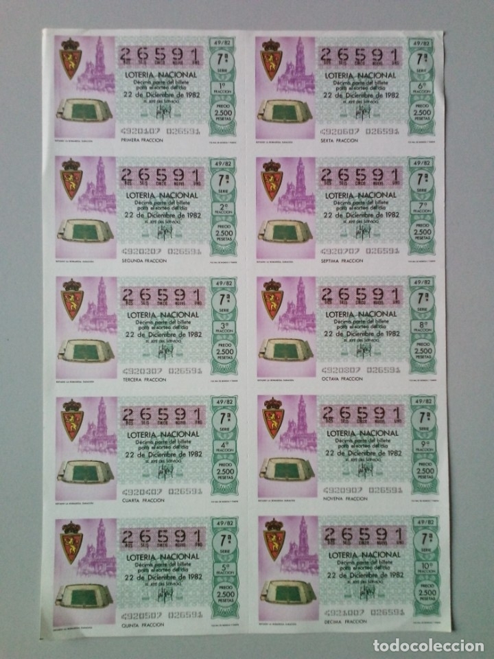Nationale spanische Lotterie: 2 Hojas 20 decimos de loteria 22 de diciembre 1982 sorteo 49 Estadio Romareda Num 26591 y 58149
