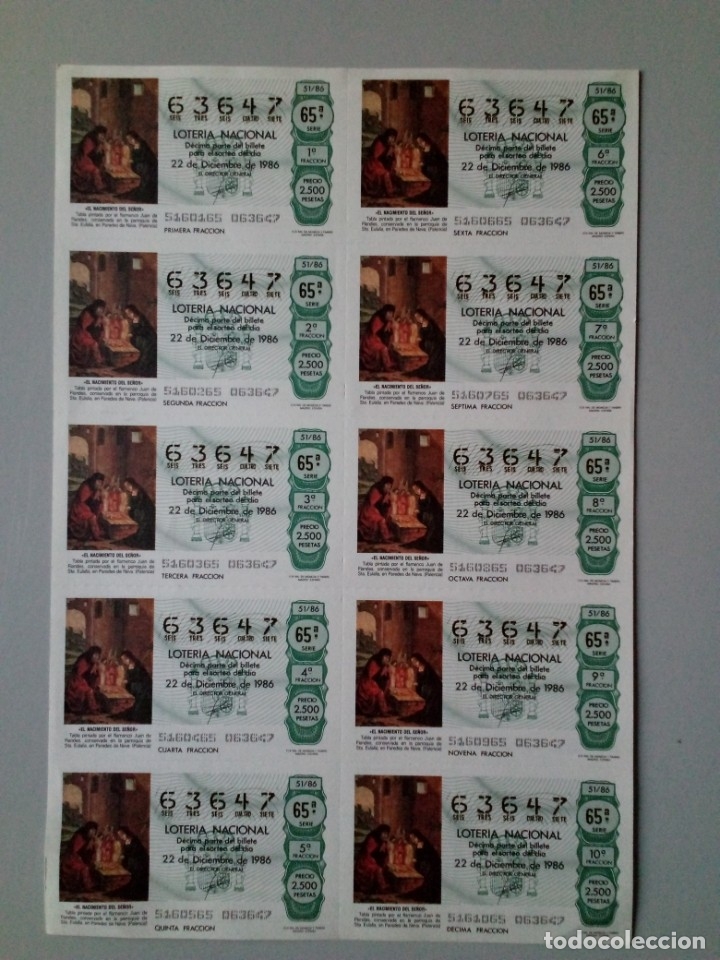 Nationale spanische Lotterie: Hoja con 10 decimos de loteria 22 de diciembre 1986 sorteo 51 N&ordm; 63647