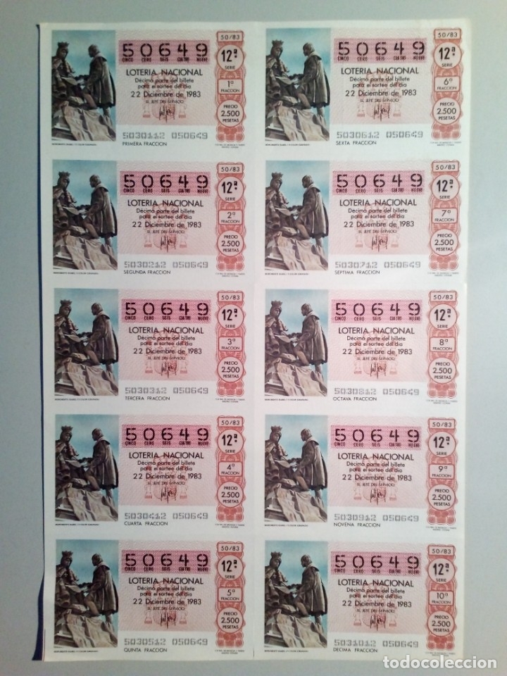 Nationale spanische Lotterie: Hoja con 10 decimos de loteria 22 de diciembre 1983 sorteo 50 N&ordm; 50649