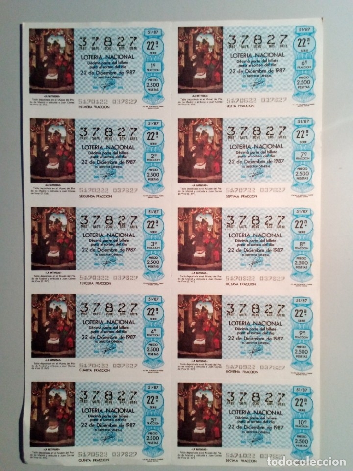 Nationale spanische Lotterie: Hoja con 10 decimos de loteria 22 de diciembre 1987 sorteo 51 N&ordm; 37827