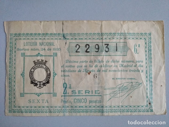 Lotaria Nacional: Decimo loteria a&ntilde;o 1935 sorteo 24 N&uacute;m 22931