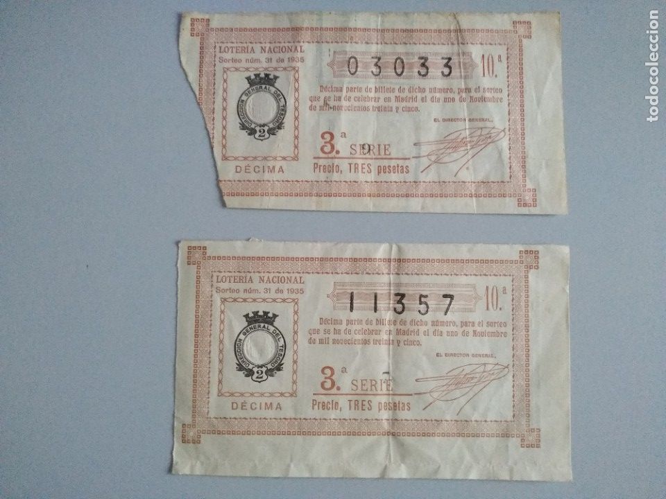 Nationale spanische Lotterie: Dos decimos loteria a&ntilde;o 1935 sorteo 31 N&uacute;m 03033 y 11357