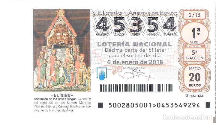 Loter&iacute;a Nacional: 1 DECIMO LOTERIA SABADO 6 ENERO 2018 2/18 CAPICUA EL NI&Ntilde;O REYES MAGOS - BASILICA SAN VICENTE ( AVILA