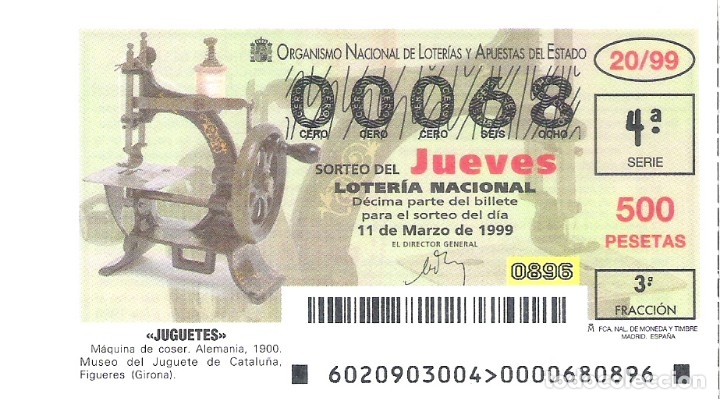Loterie Nationale: 1 DECIMO LOTERIA DEL JUEVES - 11 MARZO 1999 - 20/99 - JUGUETES - MAQUINA COSER - FIGUERES ( GIRONA )