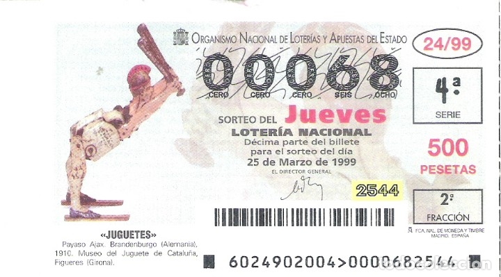 Loterie Nationale: 1 DECIMO LOTERIA DEL JUEVES - 25 MARZO 1999 - 24/99 - JUGUETES - PAYASO AJAX - FIGUERES ( GIRONA )