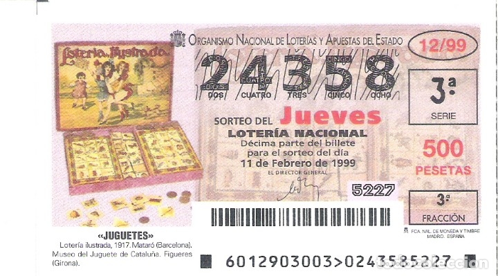 Loterie Nationale: 1 DECIMO LOTERIA DEL JUEVES - 11 FEBRERO 1999 - 12/99 - JUGUETES - LOTERIA ILUSTRADA (MATARO