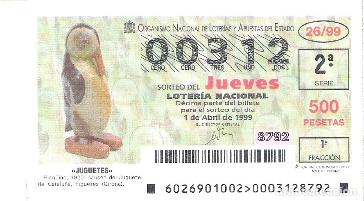 Loterie Nationale: 1 DECIMO LOTERIA DEL JUEVES - 1 ABRIL 1999 - 26/99 - JUGUETES - PING&Uuml;INO -MUSEO DEL JUGUETE FIGUERES