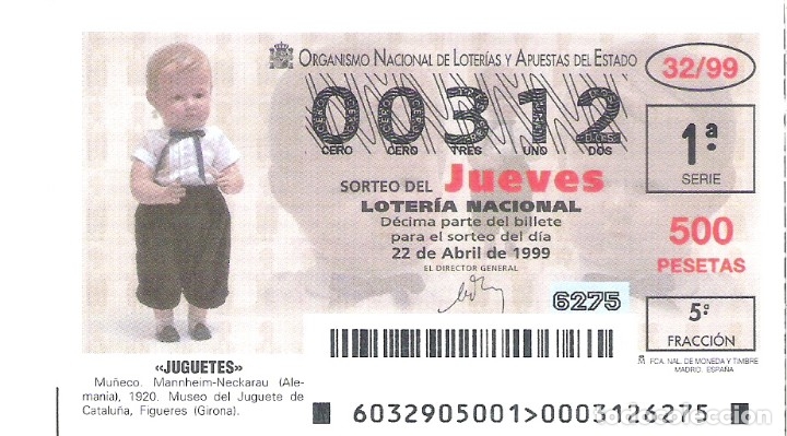 Loterie Nationale: 1 DECIMO LOTERIA DEL JUEVES - 22 ABRIL 1999 - 32/99 - JUGUETES - MU&Ntilde;ECO - MUSEO FIGUERES ( GIRONA )