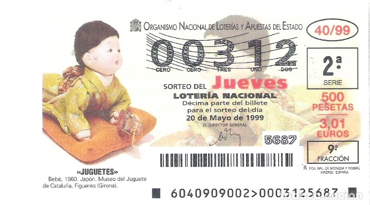Loterie Nationale: 1 DECIMO LOTERIA DEL JUEVES - 20 MAYO 1999 - 40/99 - JUGUETES - MU&Ntilde;ECA BEBE - MUSEO FIGUERES (GIRONA