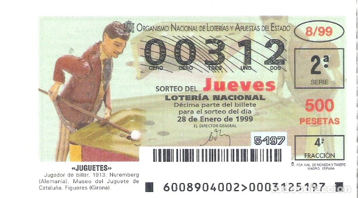Loterie Nationale: 1 DECIMO LOTERIA DEL JUEVES - 28 ENERO 1999 - 8/99 - JUGUETES - JUGADOR DE BILLAR ( MUSEO FIGUERES