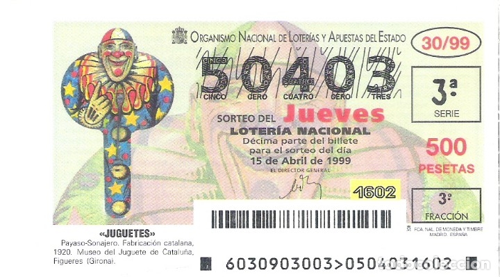 Loterie Nationale: 1 DECIMO LOTERIA DEL JUEVES - 15 ABRIL 1999 - 30/99 - JUGUETES PAYASO-SONAJERO - FIGURES ( GIRONA