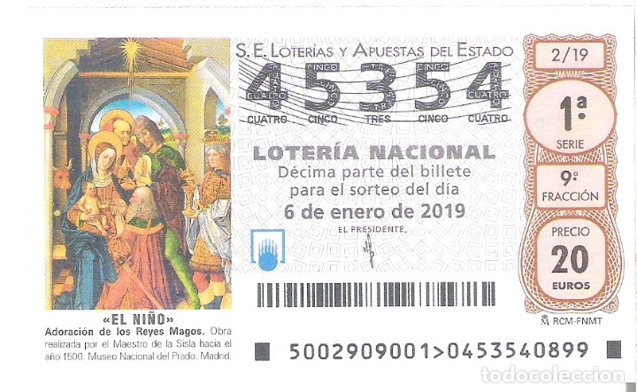 Loter&iacute;a Nacional: 1 DECIMO LOTERIA SABADO - 6 ENERO 2019 - 2/19 - CAPICUA - EL NI&Ntilde;O - ADORACION DE LOS REYES MAGOS
