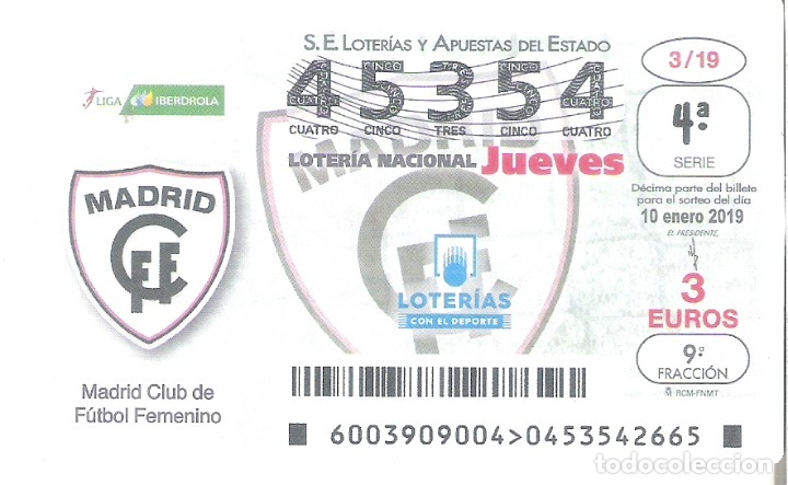 Loterie Nationale: 1 DECIMO LOTERIA JUEVES - 10 JUNIO 2018 - 3/19 CAPICUA LIGA FUTBOL FEMENINA - MADRID CLUB DE FUTBOL