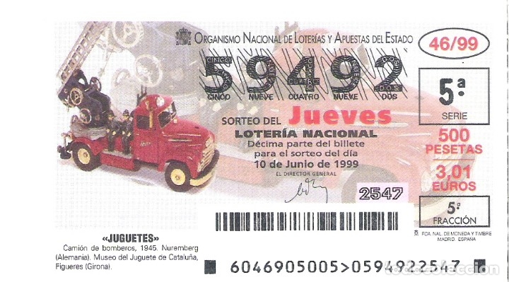 Loterie Nationale: 1 DECIMO LOTERIA DEL JUEVES - 10 JUNIO 1999 - 46/99 - JUGUETES - CAMION DE BOMBEROS - MUSEO FIGUERES