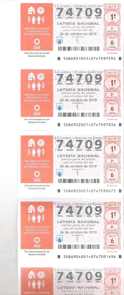 Nationale spanische Lotterie: 5 DECIMOS LOTERIA NACIONAL SABADO 26 OCTUBRE 2019 86/19 DIA INTERNACIONAL DE LAS MUJERES RURALES