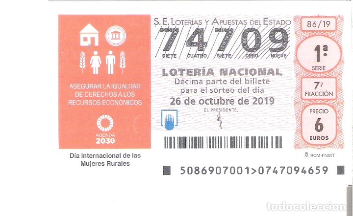 Nationale spanische Lotterie: 1 DECIMO LOTERIA NACIONAL SABADO - 26 OCTUBRE 2019 - 86/19 -DIA INTERNACIONAL DE LAS MUJERES RURALES