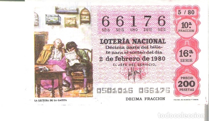 Nationale spanische Lotterie: 1 DECIMO LOTERIA SABADO 2 FEBRERO 1980 - 5/80 -PRENSA PERIODICO LA LECTURA DE LA GACETA ( COLOR ROJO