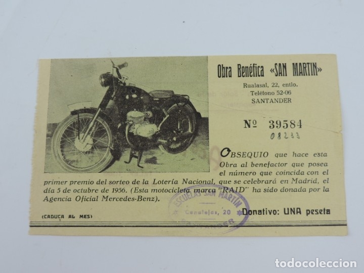 Loterie Nationale: PAPELETA DE LA OBRA BENEFICA SAN MARTIN, SANTANDER, RIFA MOTOCICLETA MARCA RAID, MIDE 17 X 10 CMS.