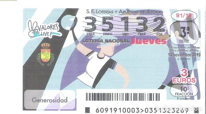 Nationale spanische Lotterie: 1 DECIMO LOTERIA JUEVES - 14 NOVIEMBRE 2019 - 91/19 - BALONMANO - VALORES DEPORTE - GENEROSIDAD