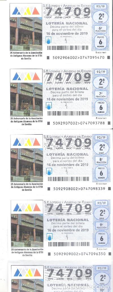 Nationale spanische Lotterie: 5 DECIMOS LOTERIA SABADO 16 NOVIEMBRE 2019 92/19 25 ANI ANTIGUOS ALUMNOS ESCUELA INGENIERIA SEVILLA