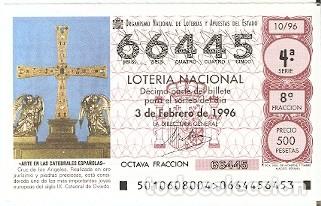 Lotteria Nationale Spagnola: D&eacute;cimo sorteo 10-96. Cruz de los &Aacute;ngeles. Oviedo. ref. 9-9610