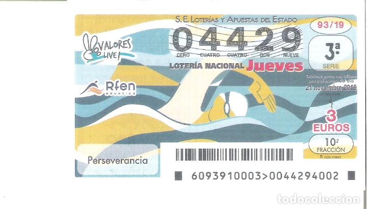 Nationale spanische Lotterie: 1 DECIMO LOTERIA JUEVES - 21 NOVIEMBRE 2019 - 93/19 RFEN NATACION - VALORES DEPORTE - PERSEVERANCIA